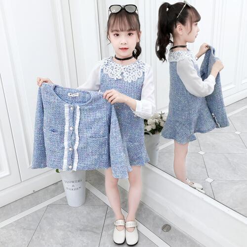 New Girls Fashion Woolen Clothing Set Spring Fall Childrens Lovely Lace Pearls Spliced Embroidered Coat + Vest Dress 2 Pcs P206