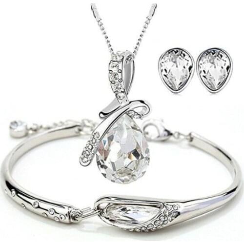 Trendy Female Water Drop Crystal Jewelry Set Charm Silver Color Stud Earring For Women Cute Bracelet Wedding Chain Necklace