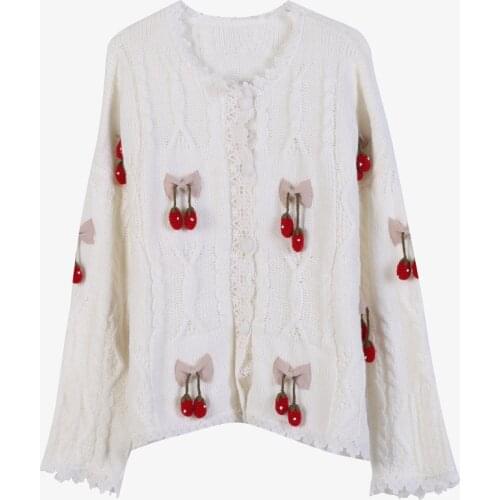 Makuluya Spring Autumn Lace Cherry Embroidered Appliques Knitted Sweaters Cardigan Women Female Vintage Casual Mori Chic Girls L