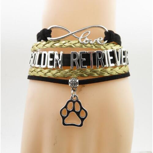 Fashion golden retriever bracelet dog paw charm dog golden retrie dog gift black leather woman man bracelets retriever bangles