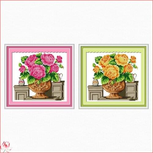 Joy Sunday Rose Vase Printed Cross Stitch Kits Counted Canvas Embroidery Sets 11CT 14CT DIY Handmade Needlework Home Decoration