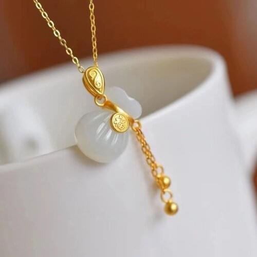Natural Hetian Jade White Jade Pendant S925 Silver Inlay Gourd Necklace Jade Pendant Ladies Jade Fashion Popular Ornament