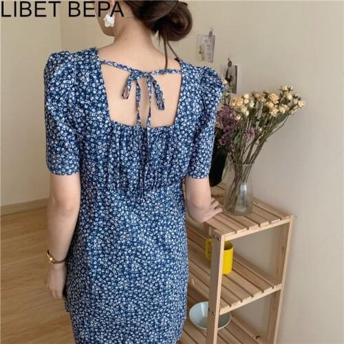 2021 New Summer Women Dresses High Waist Elegant Floral Printed Backless Lace Up Korean Style Vintage Lady Mini Dresses DR9070