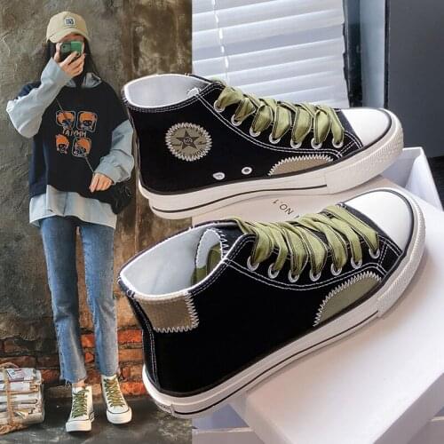 2021 autumn new high-top canvas shoes female lace-up beggar shoes female students fashion women shoes 8580