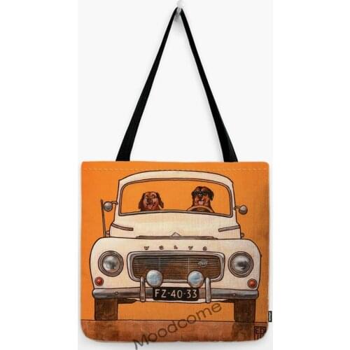 Large Cute Cartoon Dogs Driving Car Shoulder Cotton Linen Tote Bag Water Resistant Shopper Cute Dogs Humorous Art Shopper Bag