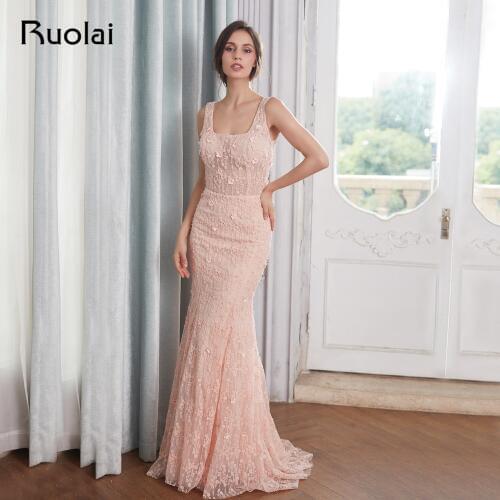 Sexy Mermaid Evening Dresses 2019 Square Neck Flower Beaded Lace Prom Dress 2019 Long Evening Gown Vestido de Fiesta RE20