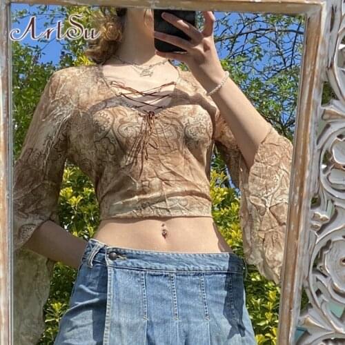 ArtSu Mesh Top T-shirt Women Vintage Y2K 2021 V Neck Flare Sleeve Sexy Crop Tops Streetwear Lace Up Ladies Tee Shirt Cropped