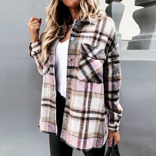 Autumn 2021 Elegant Turn-Down Collar Jackets Women Vintage Plaid Casual Long Sleeve Coat Lady Fashion Loose Streetwear Outerwear