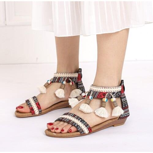 2021 New Summer Women Wedge Sandals Bohemia Laydies String Bead Wedge Shoes Open toe Fringe Gladiator Elegant Female Sandalias