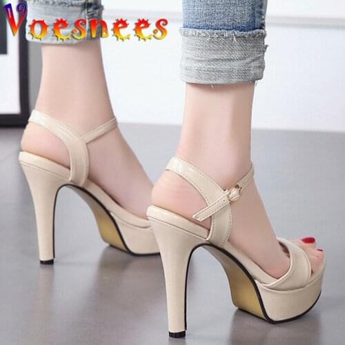 Car Model Walk Show Summer New Peep Toe Heels Square Heel Sandals Platform One Word With Super High Heels Sexy Party Women Shoes