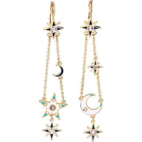 Womens Drop Earrings Gold Enaml Glaze Star Moon Double Chain Linked Asymmetrical Dangle Leverback Earring Lady Fashion Jewelry