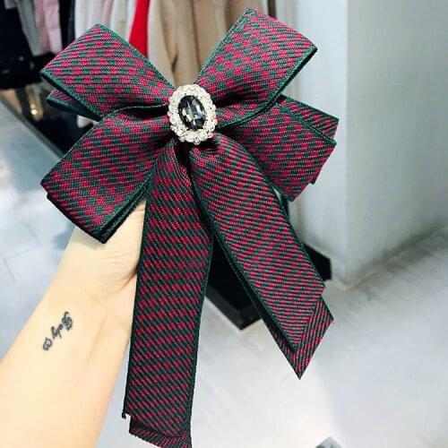 Rhinestone Brooch Bow Tie for Women Hyperbole Houndstooth Ribbon Bow Korean High-end College Style Shirt Collar Flower Pins