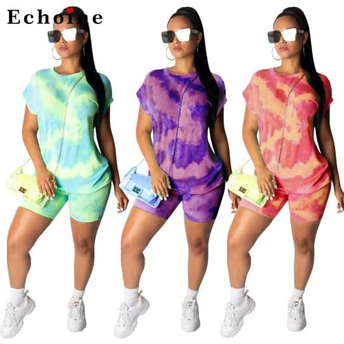 Women Two Piece Set Leisure Tie-Dye Printing Sports Casual Lounge Wear Fashion Suit Active T-Shirt Short Pants Jogger Tracksuits
