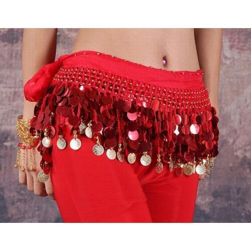 Red Female Belly Dance Waist Chain Coin Sequin Belly Dance Hip Skirt Scarf Wrap Belt Tassel Indian Dance Waistband on Sale 89