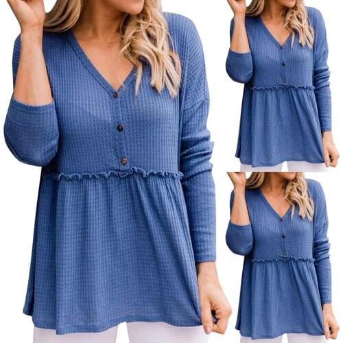 Womens Top Long Sleeve Pullover V-Neck Loose Buttons Solid Color Basic Blouse 2021 Autumn New Style Females Comfy Colthes