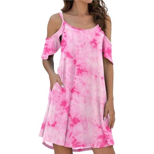 Womens Tie Dye Print Summer Dress With Pocket Casual Cold Shoudler Ruffle Sleeves Tshirt Dresses Платье Летнее Vestidos Robes