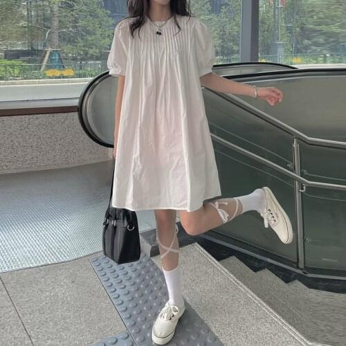 Sweet Girly Casual Shirt Dress Women Solid Pleated O-Neck Single-Breasted Loose Dresses Summer New Black White Puff Sleeve Dress