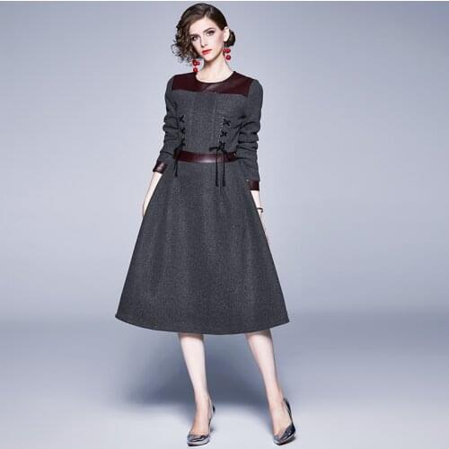 Lace-up Long Sleeve Woolen Dress Splicing Women Autumn and Winter Clothing Slim Belly Covering Casual Wool O-Neck Dress Women