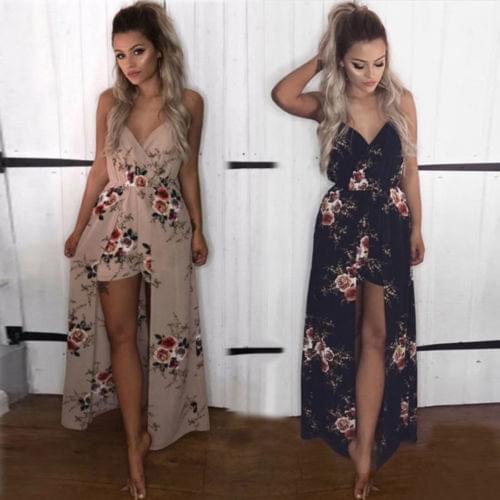 Boho Summer Women Chiffon Printed Party Evening Beach Long Maxi Dress Female Sleeveless V-neck Sundress Bikini Cover Up