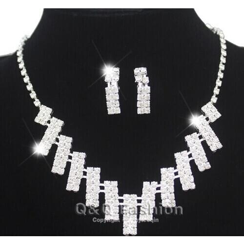 1Set Bridal Wedding Silver Plated Bar Crystal Pave Evening Party Necklace Earrings Top Jewelry New