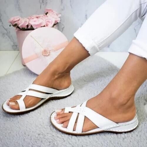 Sandals 2020 Summer Artificial PU Flats Wedges Open Toe Ankle Beach Shoes Feminina Outdoor Slippers