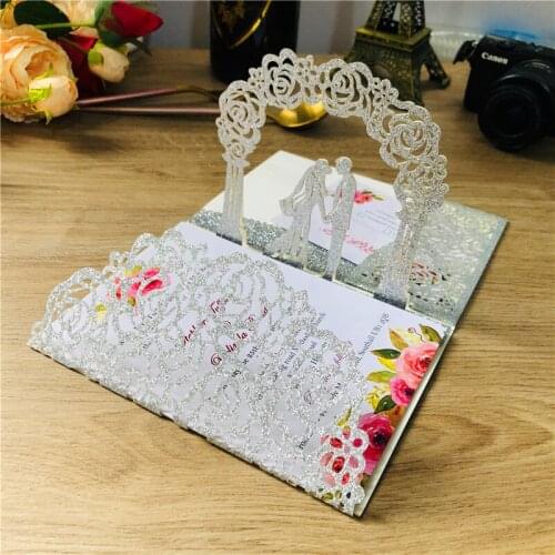 100Pcs Glitter Pearl Paper 3D Pop Up Card Silver White Elegant Laser Cut Wedding Marriage Invitation With Envelope DIY Printing