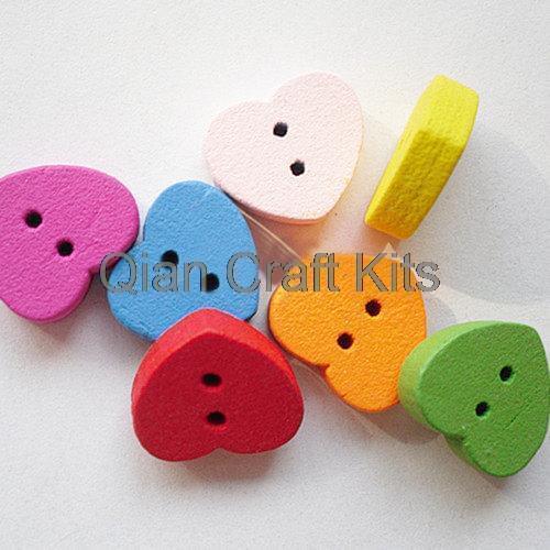 500pcs Wooden Buttons, Hearts, Mixed Color, 13x15mm, 2-Hole little wood heart beads