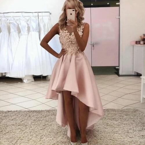 ANGELSBRIDEP High-Low Prom Dresses Vestidos de festa Sexy Sheer-Neck Applique 3D Flower Special Occasion Celebrity Party Gowns