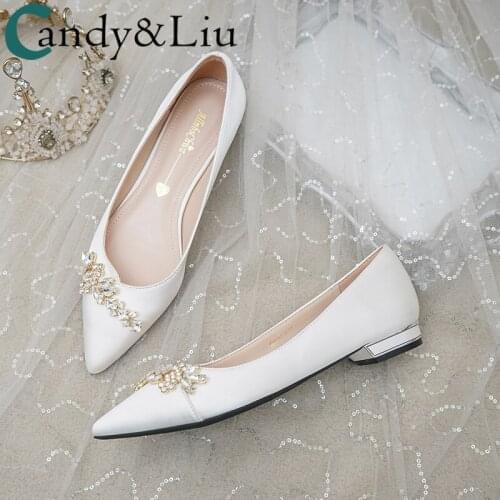 White wedding shoes womens flat new winter bride shoes pregnant women low heels bridesmaids with main wedding crystal shoes