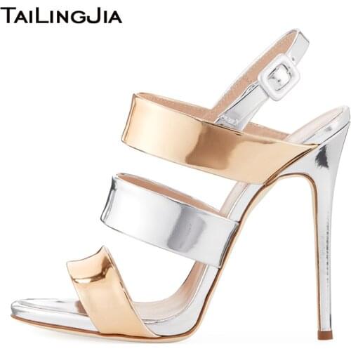 Patent Leather Silver Gold High Heels for Women Heeled Sandals Wedding Shoes Ladies Sling Back Triple Band Summer Shoes 2020