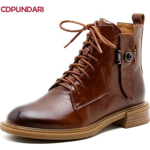 Ladies Black Genuine Leather Low Heels Ankle Boots Women Autumn Winter Punk Short Boots Shoes Bottine Femme Botines Mujer