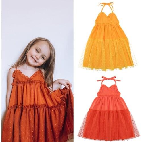 FOCUSNORM 3 Colors Princess Holiday Kids Girls Dress 1-76Y Sleeveless Belt Lace Dot Print Knee Length A-Line Sundress