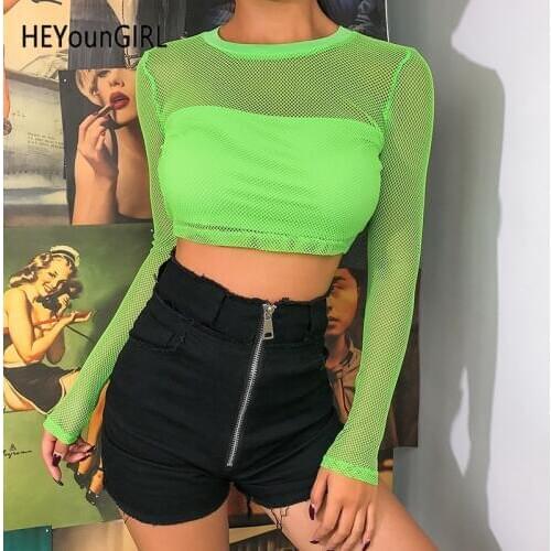 HEYounGIRL Neon Green Transparent Crop Top Long Sleeve Mesh See Through Top Women Sexy Shirt Casual Fashion T Shirt Streetwear