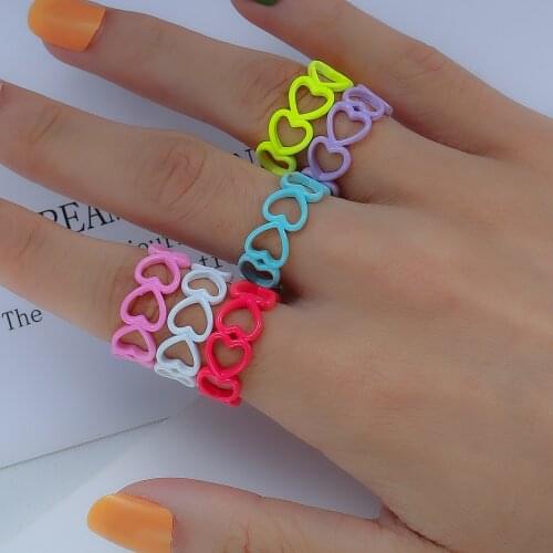 INS Heart Shape Ring Candy Color Copper Drop Oil Texture Rings Retro Irregular Geometric Open Ring for Women Adjustable Ring