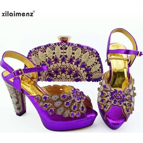 2019 Super High Heels African Shoes With Matching Bags Set Nigerian Womens Party Shoes and Bag Sets Purple Color