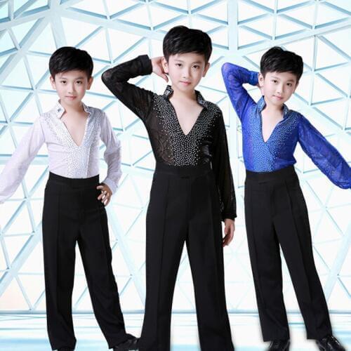 Latin Dance Tops And Pants Suit For Children Boys Or Men Black White Blue Shirts Tango Rumba Ballroom Stage Costumes BL1329