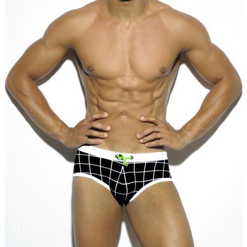 Mens Black Swim Shorts Plaid Boxer Briefs Swimwear Quick Dry Swimsuit Sexy Bikini Trunks Low Waist Grid Surfing Male Beach Wear