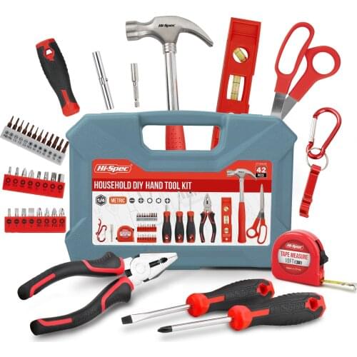 Hi-Spec 42pc Red Home Tool Set Complete Household Tool Sets DIY Essential Tool Kit for Women Men College Students in Toolbox