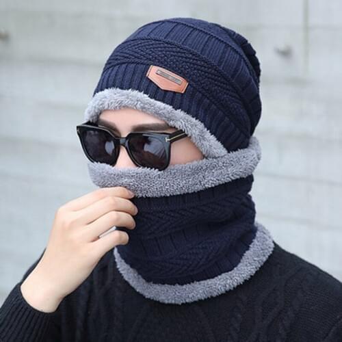 Neck Warmer Knitted Hat Scarf Set Fur Wool Lining Thick Warm Knit Beanies Winter Hat For Men Women Cap Bonnet