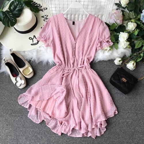 NiceMix 2020 New V-collar Flocking Point Chiffon Couplet Girls Summer Short Playsuits Women Short Sleeve Sweet Jumpsuits rompers