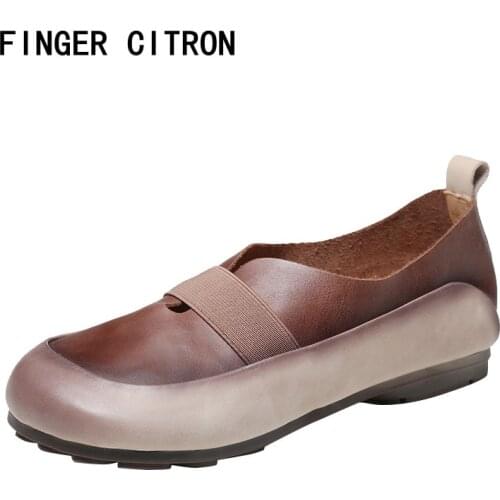 Finger Citron Women Casual Shoes Genuine Cow Leather Mixed Color Retro Round Toe Rubber Outsole By Handmade Size 35-40