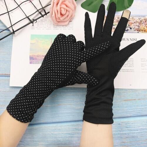 Womens Summer UV Touch Screen Anti-skid Sunscreen Breathable Driving Gloves Long Cycling Printing Polka Dot Cotton Bike Gloves