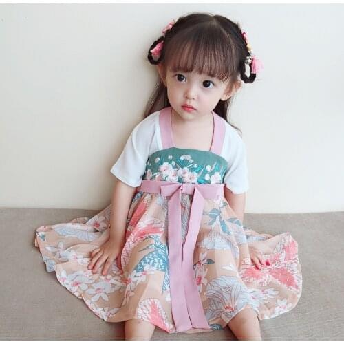 Chinese Style Princess Dress Baby Summer Girls Dress For kids Clothes Short Sleeve Cotton Flowers Princess Clothes Set