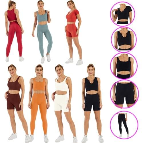 Popular Seamless Yoga Suit 5 Piece Sports Shirts Crop Top High Waist Leggings Gym Clothes Fitness Tracksuit Workout Set