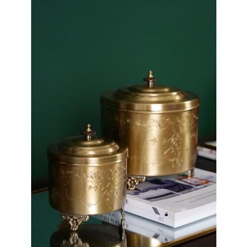 Hand-carved storage jar Candy box Luxury home furnishings European retro Imported from India Brass Pair size Home Decoration