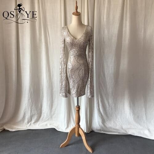 Silver Short Evening Dresses Sequin Long Flare Sleeves Sheath Evening Gown V Neck Knee Length Party Formal Dress Glitter 2021