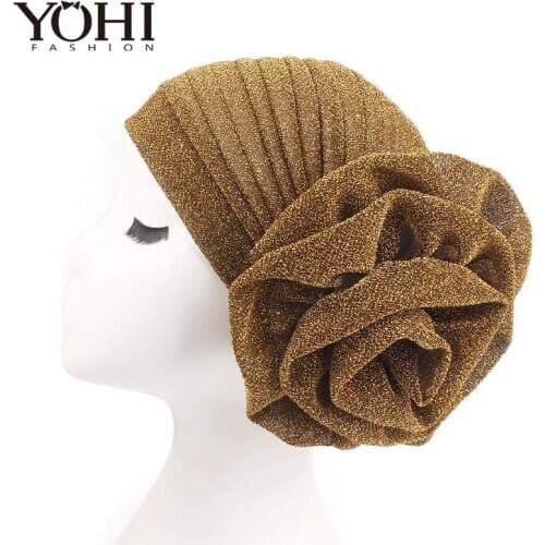 New Fashion muslim hat with flower Beanie caps Shimmer Sparkly Turban Hats Hijab cap large bright silk turban hat Indian hat