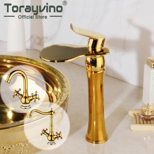 Torayvino Rotated Golden Brass Water Kitchen Sink Basin Vessel Double Handles Swivel Golden Polished Deck Mounted Mixer Faucet