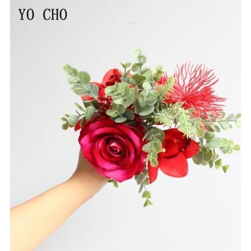 YO CHO Red Roses Lavender Artificial Flowers Wedding Bouquet Silk Flowers Fake Bouquet Christmas Home Decoration Wedding Flowers