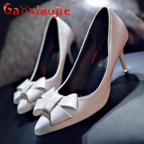 Gaoxiaojie Fashion Womens Wedding Bow Stilettos Shoes Shallow Pointed Head 6CM Pure Colour Thin High Heel Career Office Pumps